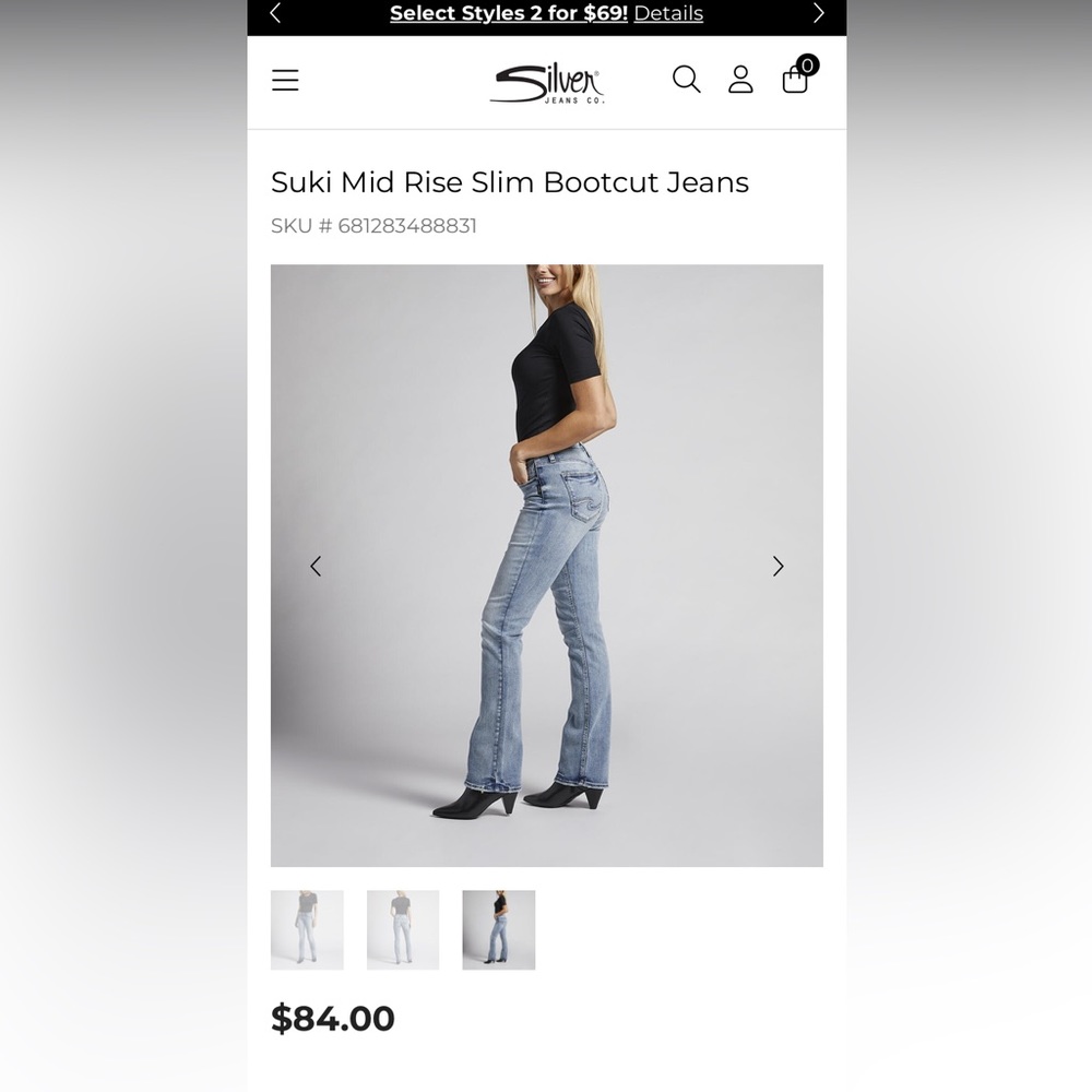 NWOT Silver Suki Straight Jeans (size 30x29.75)